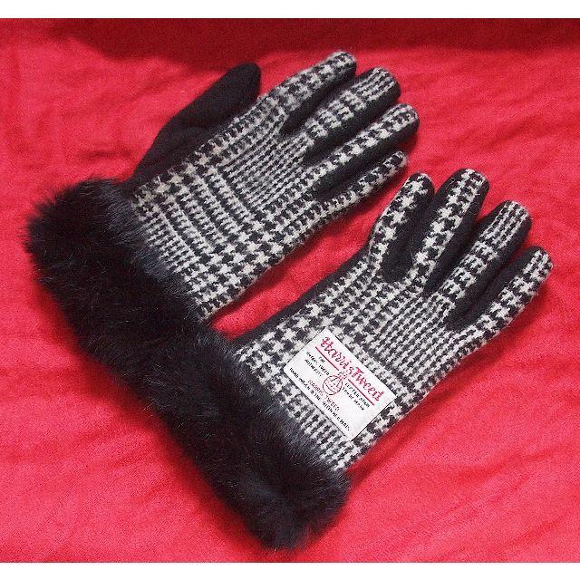 一部予約販売中】 Harris Tweedのファーがたっぷり付いた女性用手袋 Harris ハリスツイード Tweed 手袋 