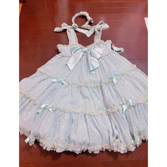 Angelic Pretty(アンジェリックプリティー)のAngelic Pretty ドットシフォンJSK ミント 同シリーズカチュ付き レディースのワンピース(ひざ丈ワンピース)の商品写真