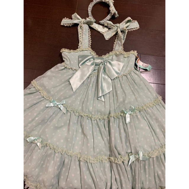 Angelic Pretty(アンジェリックプリティー)のAngelic Pretty ドットシフォンJSK ミント 同シリーズカチュ付き レディースのワンピース(ひざ丈ワンピース)の商品写真