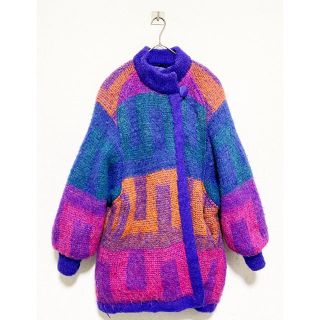 コムデギャルソン(COMME des GARCONS)のvintage ヴィンテージ レトロ 総柄 ニット スタンドカラー ロングコート(ロングコート)