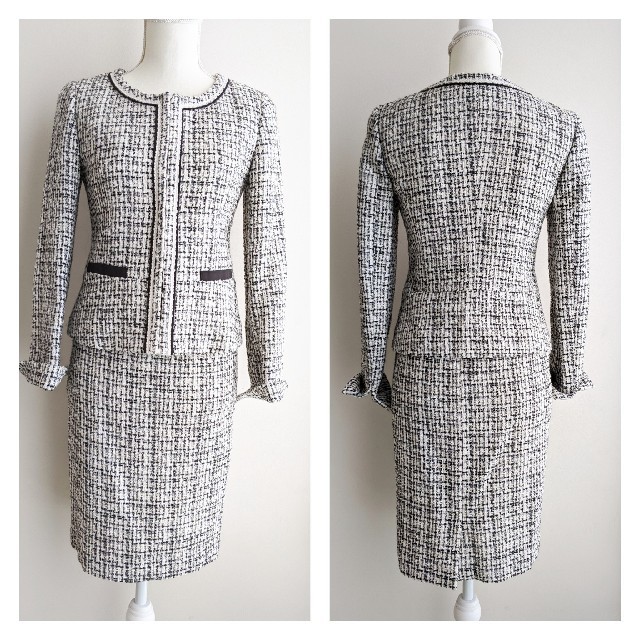 UNTITLED(アンタイトル)のUNTITLED　ノーカラージャケット　スカート　セットアップ　ツイード　白 レディースのフォーマル/ドレス(スーツ)の商品写真