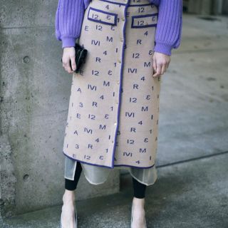 アメリヴィンテージ(Ameri VINTAGE)のAmeri新品 PASS CODE RETRO KNIT SKIRT/パープル(ロングスカート)