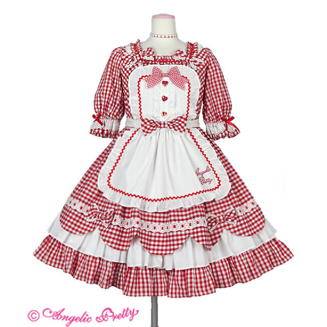品質検査済 Angelic Pretty - Heart CafeワンピースSet 赤 ひざ丈