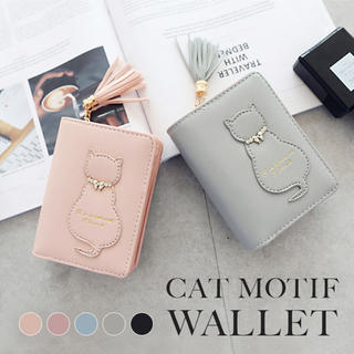 二つ折り財布　猫　ネコ　グレー(財布)