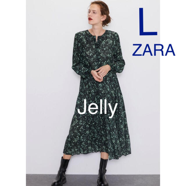 ザラ ティアードワンピース 長袖 クルーネック 花柄 ストレッチ 大きいサイズ レディース USA Lサイズ ブラック ZARA