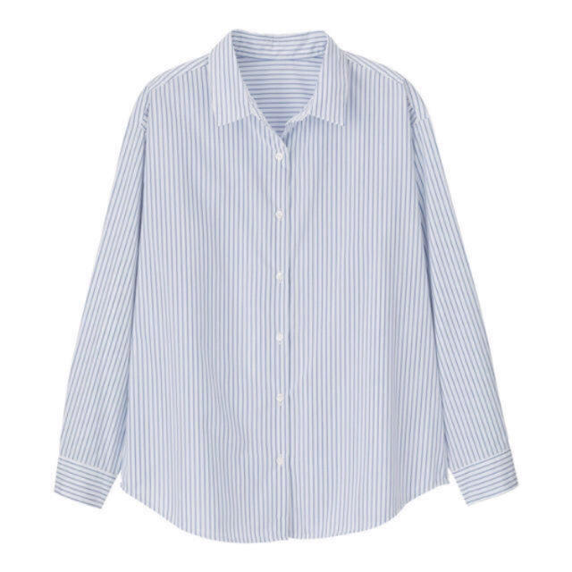 GU(ジーユー)のジーユー 2WAYストライプオーバーサイズシャツ ブルー XL レディースのトップス(シャツ/ブラウス(長袖/七分))の商品写真
