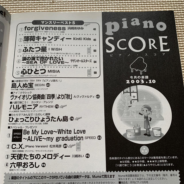 月刊ピアノ　2003.10月号　 楽器のスコア/楽譜(ポピュラー)の商品写真