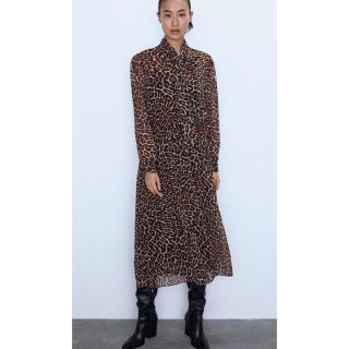 ザラ(ZARA)のZARA ザラ　レオパード柄　ボウタイワンピース(ロングワンピース/マキシワンピース)