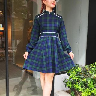 パメオポーズ(PAMEO POSE)のMandarin Dress Plaid グリーン(ひざ丈ワンピース)