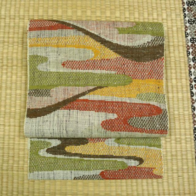 茶色と薄柳色の織りに山と雲　名古屋帯 レディースの水着/浴衣(帯)の商品写真