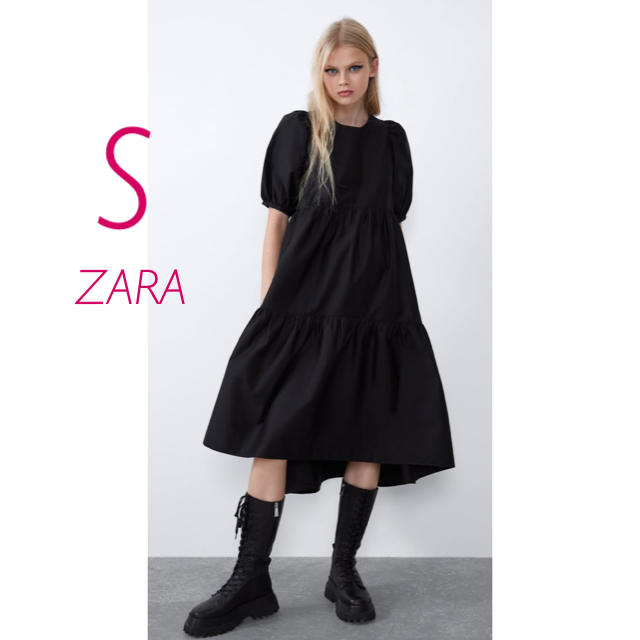 ZARA(ザラ)の新品未使用　ZARA  リボン　パフスリーブ　ティアード　膝丈　ワンピース  S レディースのワンピース(ひざ丈ワンピース)の商品写真