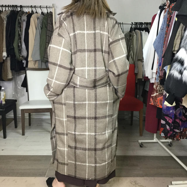 サイドスリット入りチェックロングコート 3597 モカ