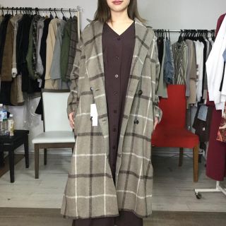 サイドスリット入りチェックロングコート 3597 モカ(ロングコート)