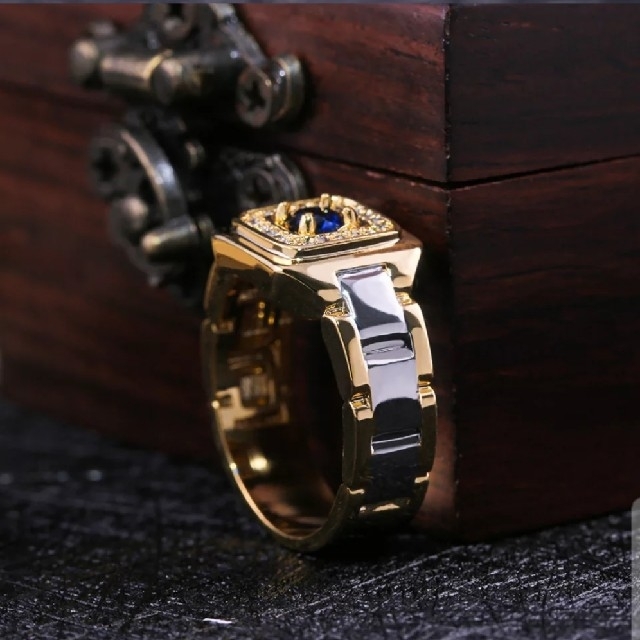 ブルーサファイアCZダイヤモンドスクエア ゴールドリング メンズのアクセサリー(リング(指輪))の商品写真