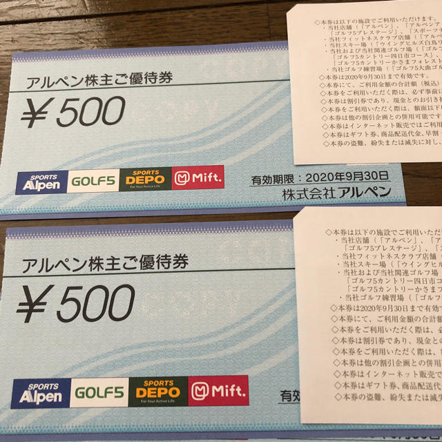 チケットアルペン 株主優待 2万円 500円×40枚 2020年9月30日