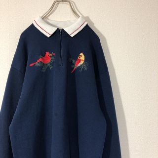 アメリカ製 襟付き スウェット ハーフジップ 刺繍 鳥 裏起毛 古着の