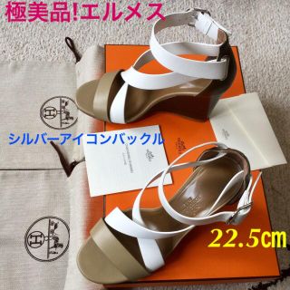 エルメス(Hermes)の極美品!エルメス アイコンシルバーバックル フラットウェッジウッド 22.5㎝(ハイヒール/パンプス)