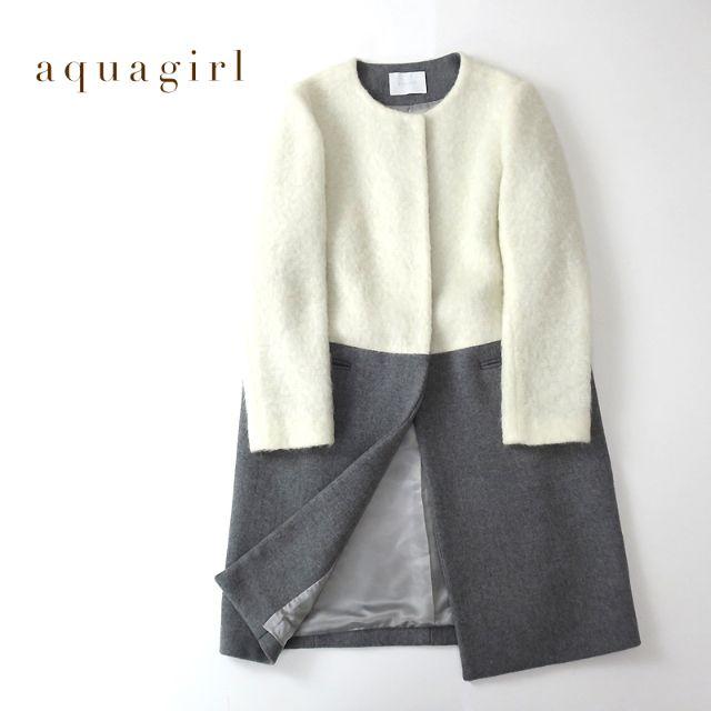 aquagirl(アクアガール)のAquagirl 　バイカラー切替え◎モヘヤ,ウール混ノーカラーコート レディースのジャケット/アウター(ノーカラージャケット)の商品写真