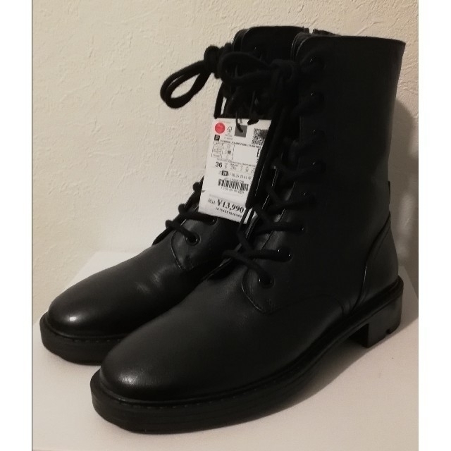 新品◇ZARA フラットレザーショートブーツ 36 黒 レースアップ 新品◇ZARA フラットレザーショートブーツ 36 黒 レースアップ