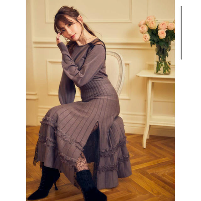 SNIDEL(スナイデル)のherlipto Lace Trimmed Knit Long Dress レディースのワンピース(ロングワンピース/マキシワンピース)の商品写真