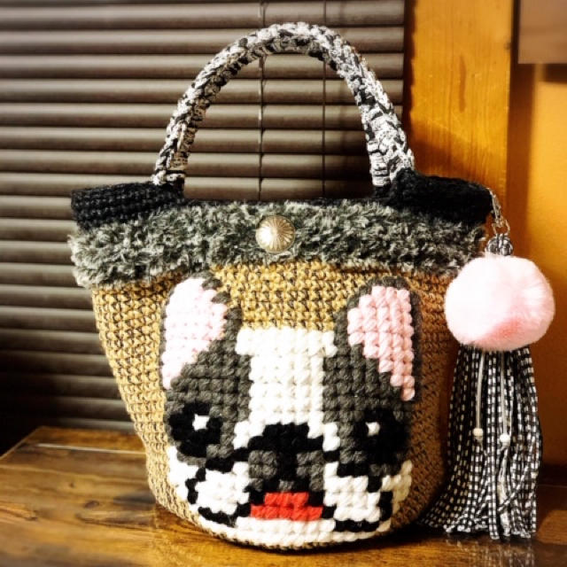 ♥️ハンドメイド　麻バック　マルシェ バック　フレンチブルドッグニットバッグ