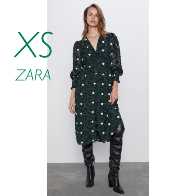 ZARA(ザラ)の新品未使用　ZARA ドット　花柄　刺繍　パフスリーブ　膝丈　ワンピース　XS レディースのワンピース(ひざ丈ワンピース)の商品写真