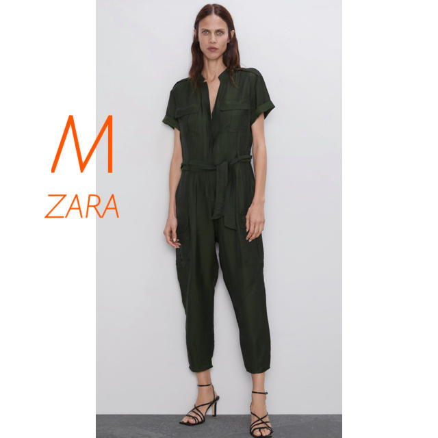 新品未使用　ZARA シワ加工　ウエストリボン  カーキ　オールインワン M