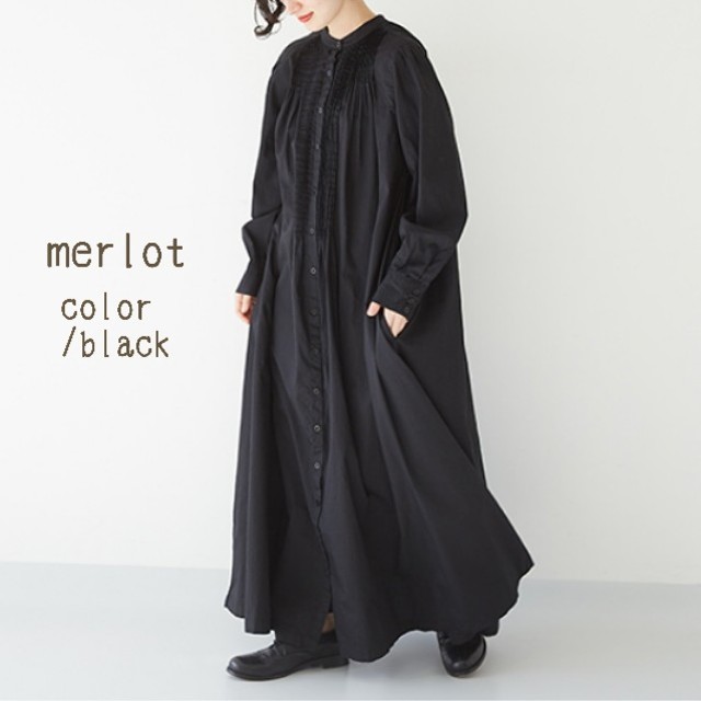 merlot(メルロー)の最新作＊fillil ピンタックバンドカラーワンピース ブラック レディースのワンピース(ロングワンピース/マキシワンピース)の商品写真