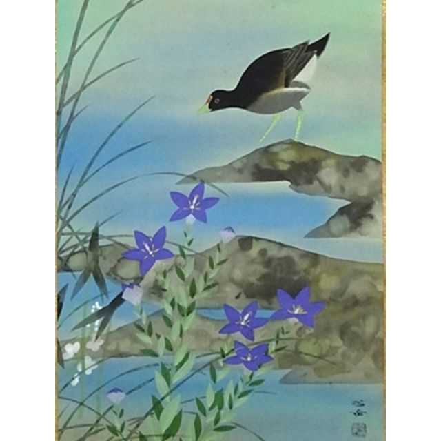 【真作】掛軸 杉崎芳章『花鳥之図』絹本 共箱 二重箱付 掛軸 a01144