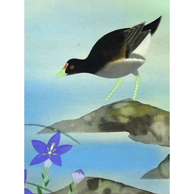 【真作】掛軸 杉崎芳章『花鳥之図』絹本 共箱 二重箱付 掛軸 a01144