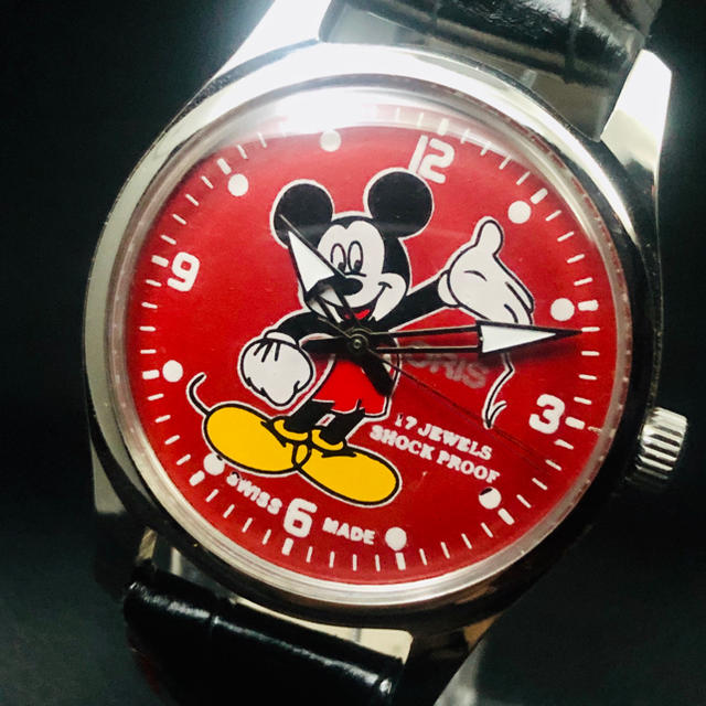 オリスORISミッキー赤レッド17石SWISSメンズ腕時計ビンテージ1970's