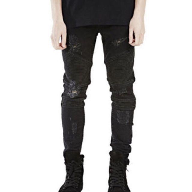 バイカー デニム スキニー ジーンズ ダメージ クラッシュ ストレッチ ブラック メンズのパンツ(デニム/ジーンズ)の商品写真