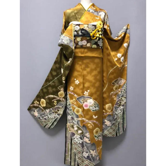 新品【金通し 落と 絞り染め☆振袖】マスタード×カーキ 新品【金通し 落と 絞り染め☆振袖】マスタード×カーキ
