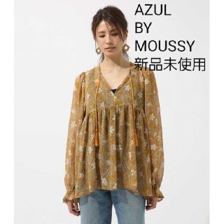 アズールバイマウジー(AZUL by moussy)の【新品】AZUL BY MOUSSY シフォンプリントスキッパーブラウスM茶(シャツ/ブラウス(長袖/七分))