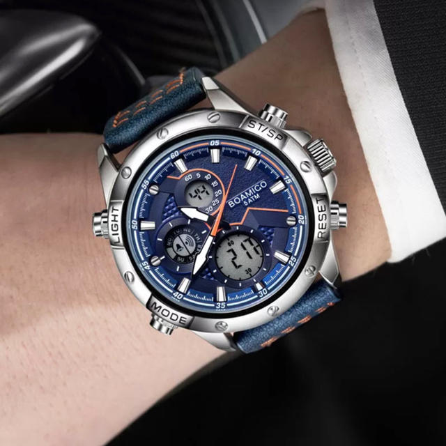 美麗 高級デジアナ３窓デュアルディスプレイ お洒落な革ベルト シルバー×ブルー メンズの時計(腕時計(デジタル))の商品写真