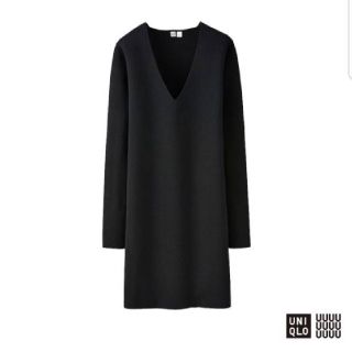 ユニクロ(UNIQLO)のユニクロユーミラノリブ長袖Vネックワンピース黒S(ひざ丈ワンピース)