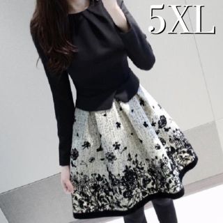 5XL 春服　花柄 フレアワンピース ストレッチ パーティドレス 黒(ひざ丈ワンピース)