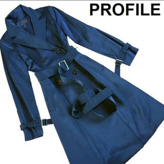 プロフィール(PROFILE)の美品　PROFILE　ロングトレンチコート　4645　ネイビー　光沢　Aライン(トレンチコート)