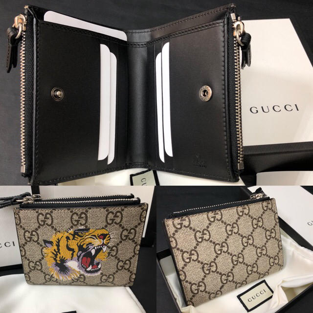 新品未使用 GUCCI 二つ折り財布 GGスプリーム タイガープリント 虎