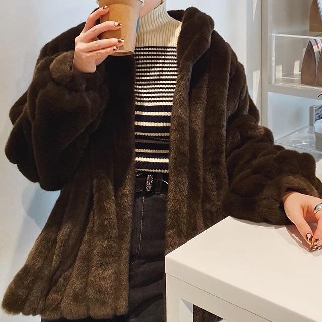 mamu    Flare eco fur coat (BROWN）サイズガイド