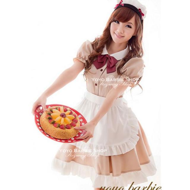 メイド服 豪華6点セット♪モカベージュ色 メイド喫茶 コスプレ衣装 エンタメ/ホビーのコスプレ(衣装一式)の商品写真