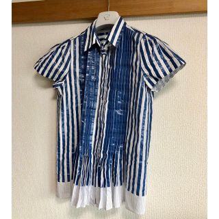 サカイ(sacai)の美品 サカイ ストライプ シャツ 半袖 箔加工 sacai 青 白色 M 1(シャツ/ブラウス(半袖/袖なし))