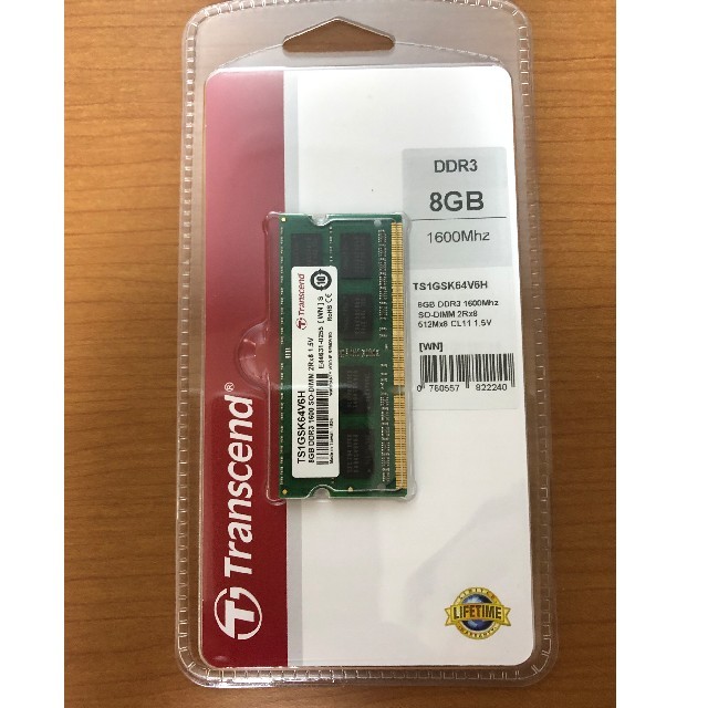 Transcend(トランセンド)の増設メモリ8GB DDR3-1600 PC3-12800【新品・未使用】 スマホ/家電/カメラのPC/タブレット(ノートPC)の商品写真