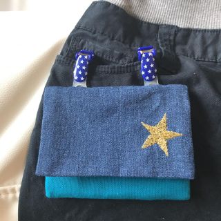 移動ポケット ☆ デニム星柄刺繍 ゴールド ④(外出用品)