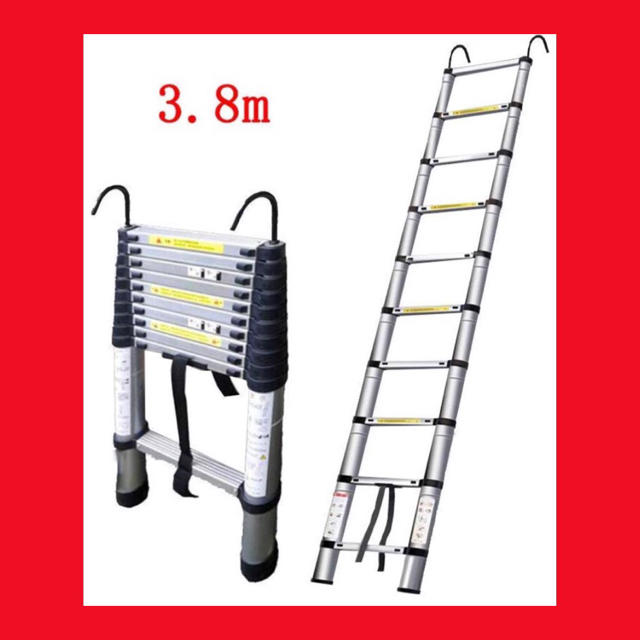 コンパクト伸縮はしご 最長2M〜5M 耐荷重150kg アルミ 梯子 3.8Mフック付き
