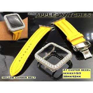 アップルウォッチ(Apple Watch)のイエローカーボンベルトx a1モデルカスタムカバー38mm 42mm 用(腕時計)