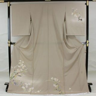 サニーデイ様　AC0801　誂仕立付訪問着　加賀友禅　百貫石峰作　薄胡桃色草花柄(着物)