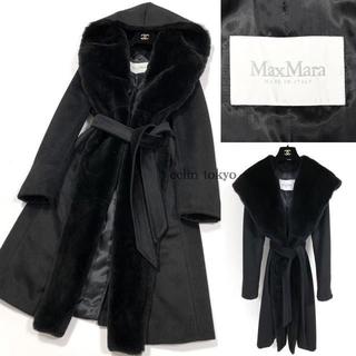 マックスマーラ(Max Mara)のマックスマーラ 白タグ 毛皮ファー ベルテッド ガウン コート 黒 E1521(ロングコート)