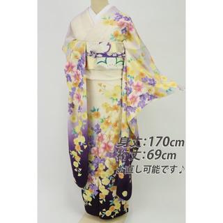 《美品■振袖◆豪華花模様■咲き誇る蘭■白×紫◆成人式に♪袷正絹着物◆RP7-7》(振袖)