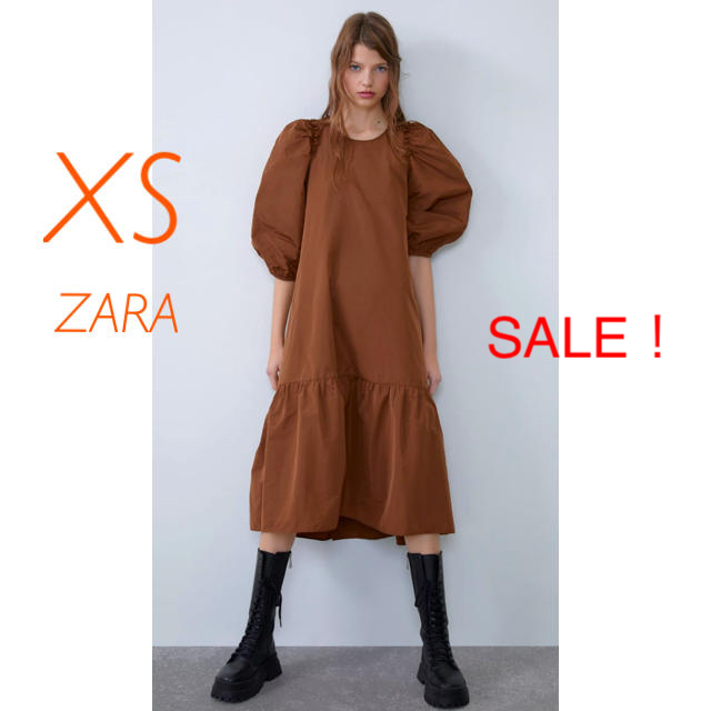 ZARA(ザラ)の新品未使用　ZARA パフスリーブ　フリル  フレア　膝丈　ワンピース  XS レディースのワンピース(ひざ丈ワンピース)の商品写真